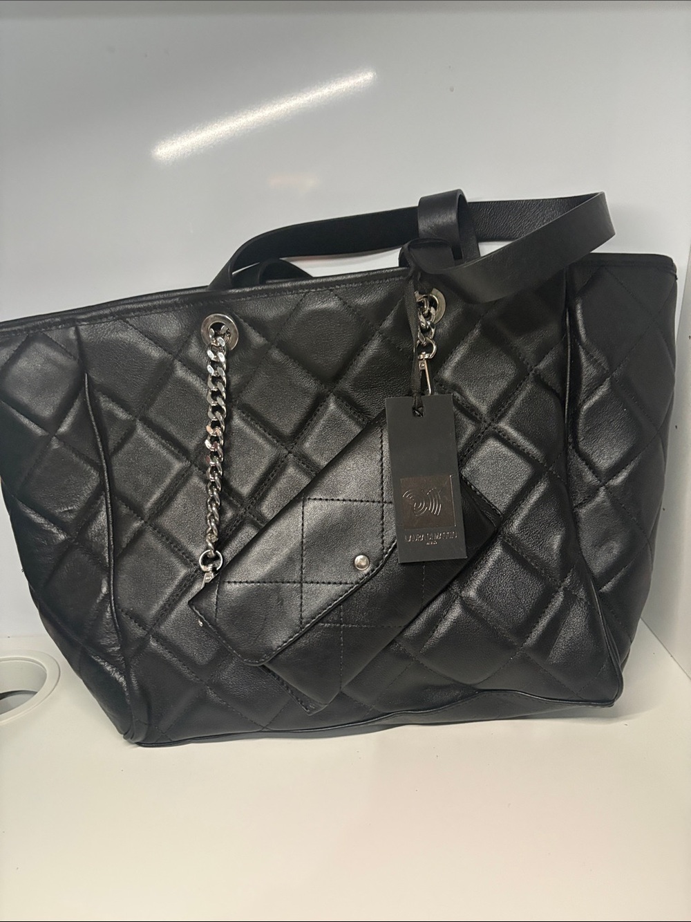 Black Quilted Tote with Chain Strap and Attached Pouch